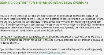 Snapshot from Handango's website announcing the September release for Xperia X1