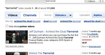 The first results rendered when searching "terrorist" on YouTube