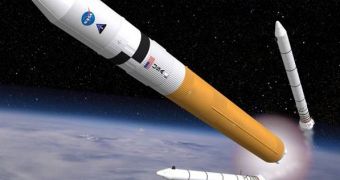 An artist's rendering of the ARES V heavy-lift delivery system in Earth's orbit