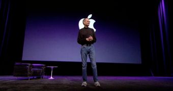 Steve Jobs delivering one of his iconic keynote presentations