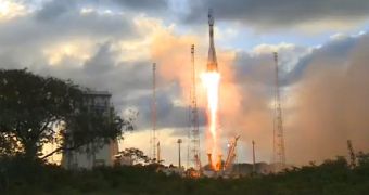 The Soyuz rocket carrying Sentinel-1A is seen here lifting off from the Kourou Spaceport on April 3, 2014