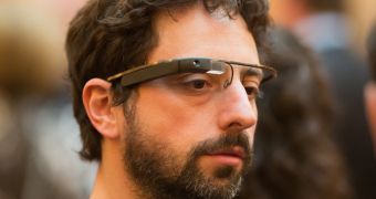 Sergey Brin sportting a prototype version of the augmented reality glasses Google is working on