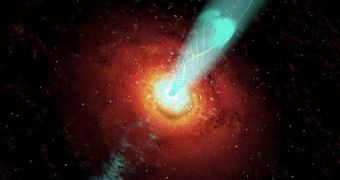 Artist's rendering of a black hole emitting jets of supercharged particles, accelerated by strong magnetic fields