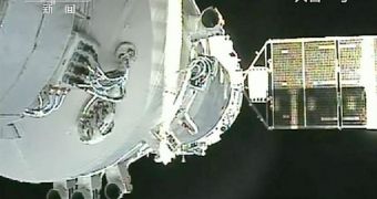 This image shows the second docking of the Tiangong-1 and Shenzhou 8 spacecraft