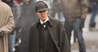 Benedict Cumberbatch as Sherlock Holmes, on the set of the 2015 Christmas special