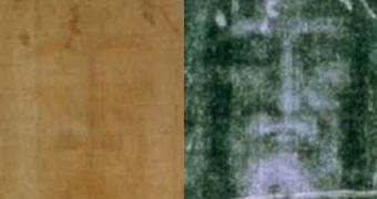 A picture of the original shroud, in sepia, or natural (left) and negative colors
