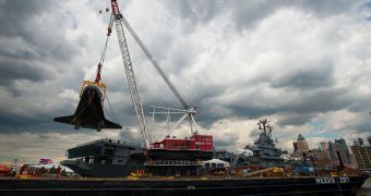 Enterprise being hoisted atop the Intrepid Museum, on June 6, 2012