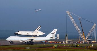 Shuttle Enterprise is seen here attached to the NASA SCA 905, on April 20, 2012