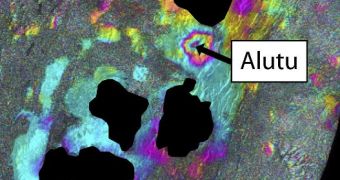 This interferogram derived from Envisat radar data from January 2009 to April 2010 shows the Main Ethiopian Rift, in Africa, which contains a chain of volcanoes, faults and lakes (in black)