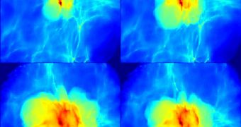 Images from the simulation showing how gas collapses to form the first protostars