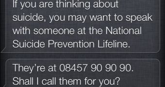 Siri offers to call Suicide Prevention Helpline