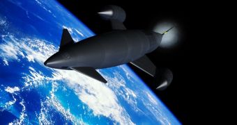 This artist's rendition shows the Skylon space plane in low-Earth orbit