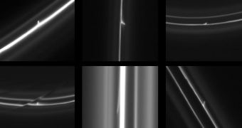 This set of six images obtained by NASA's Cassini spacecraft shows trails that were dragged out from Saturn's F ring by objects about a half mile (1 kilometer) in diameter