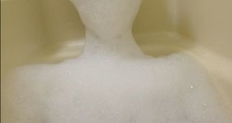 Life-size soap bubble boyfriend in bathtub