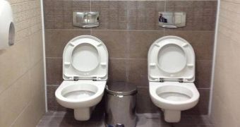 The twin toilets in the men's restroom from Sochi's venue