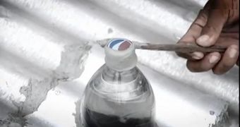 Common soda bottles filled with bleach and filtered water, installed on rooftops to lighten homes