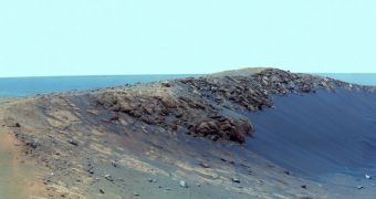 This is a view of the Santa Maria crater on Mars, where Opportunity is currently located