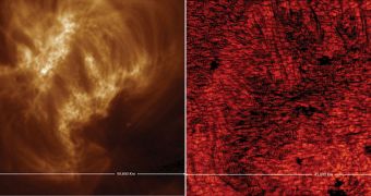 Left: July 22, 2011 SDO image of a magnetic loop complex. Right: Image centered on the area of the Sun in the middle of that shown in the SDO image, as captured by the New Space Telescope