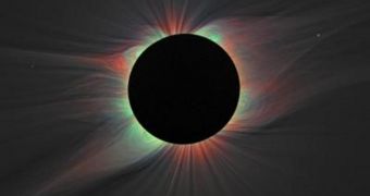 This image of the solar corona contains a color overlay of the emission from highly ionized iron lines and white light taken from the 2008 eclipse
