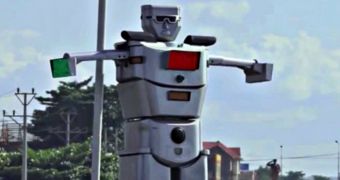 Solar-powered robot acts as a traffic controller in Congo