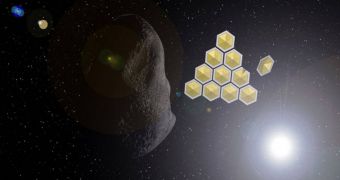 Image showing a solar sail flotilla shielding asteroid Apophis from the Sun