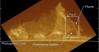 This Hinode image shows the formation of a plasma bubble on the Sun