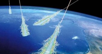 Rendition of cosmic rays hitting particles in Earth's atmosphere and breaking apart in particle showers as a result