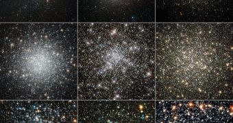 Some of the clusters in the study. Top row: Messier 4 (ESO), Omega Centauri (ESO), Messier 80 (Hubble) Middle row: Messier 53 (Hubble), NGC 6752 (Hubble), Messier 13 (Hubble) Bottom row: Messier 4 (Hubble), NGC 288 (Hubble), 47 Tucanae (Hubble)