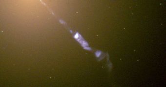 This image shows a black hole-powered jet of electrons and other sub-atomic particles traveling at nearly the speed of light