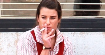 Lea Michele puffs on a cigarette while filming scenes for her “Sons of Anarchy” season 7 cameo