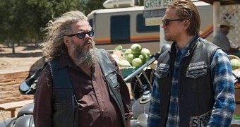 Mark Boone Jr. and Charlie Hunnam as SAMCRO bikers on the set of “Sons of Anarchy”