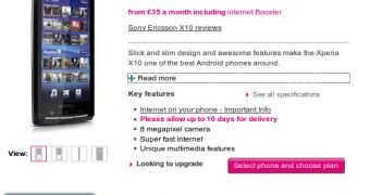 Sony Ericsson X10 on T-Mobile UK's website