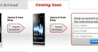 Sony Xperia S "coming soon" page