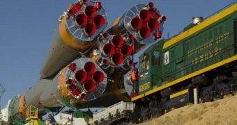 Soyuz TMA-05M spacecraft being rolled out to its launch pad, ahead of a planned July 15, 2012 launch attempt