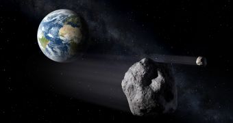 Rendering of a NEO-class asteroid zooming past Earth