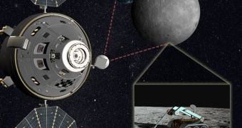 Rendition showing a Orion MPCV relaying data from Earth to a robot on the far side of the Moon