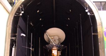The Aquarius/SAC-D spacecraft is prepped for thermal vacuum chamber tests at Brazil's National Institute for Space Research