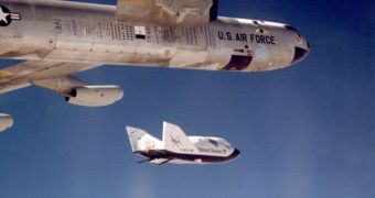 The X-38 undergoing flight tests before the project was cancelled