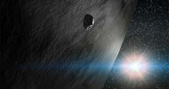Rendition of asteroid 65 Cybele shedding water ice in its wake