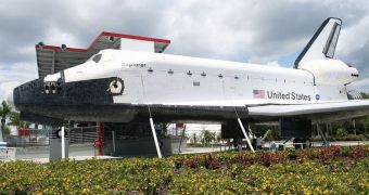 This is the Explorer shuttle replica, seen here exhibited at the KSC Visitors Center