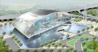 This is one concept for an integrated visitor center and spaceport in Singapore.