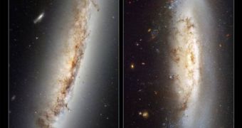 This Hubble composite photo shows the two galaxies, NGC 4522 (left) and NGC 4402 (right), whose gas is being stripped out of them by winds in the Virgo Cluster to which they belong