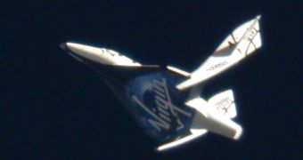 This image shows SpaceShipTwo's  feathered re-entry system in action