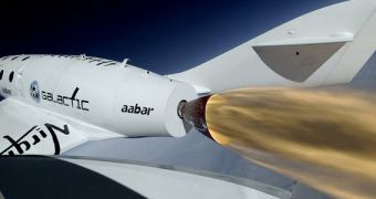 The SpaceShipTwo is seen here firing its rocket engines, during a test flight conducted earlier this year