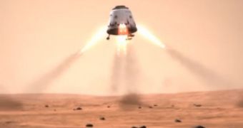 This rendition shows the Red Dragon spacecraft landing on Mars