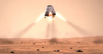 This is a rendition of the SpaceX Dragon capsule landing on the surface of Mars