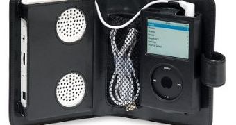 A leather case for your iPod, boasting elegance and dual speakers.