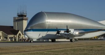 NASA's Super Guppy at the Redstone Army Airfield near Huntsville, Alabama, on March 26, 2014