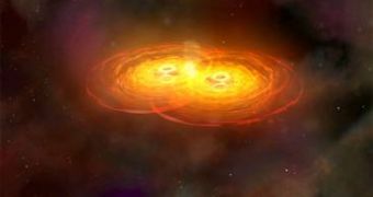 The black holes orbit each other for hundreds of millions of years before they merge to form a single supermassive black hole that sends out intense gravitational waves.