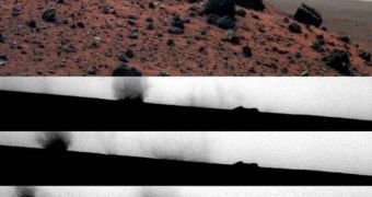 Multi-filter images, taken seconds apart, reveal a colorful dust devil on the surface of Mars